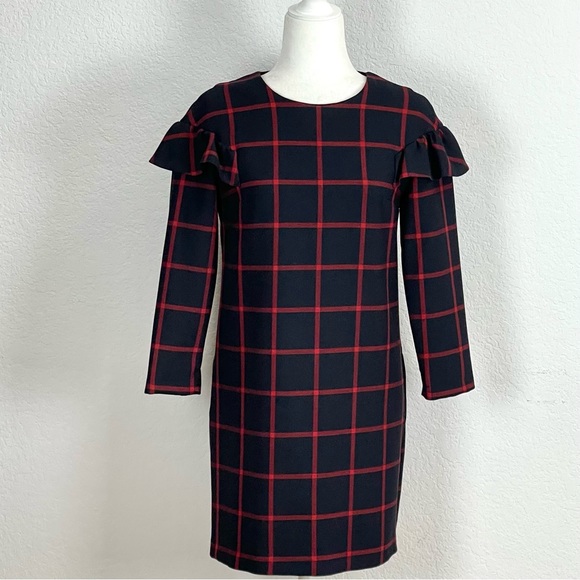 Zara Trafaluc Plaid Ruffle Shoulder Shift Dress Mini Navy Red Size XS - Picture 3 of 7